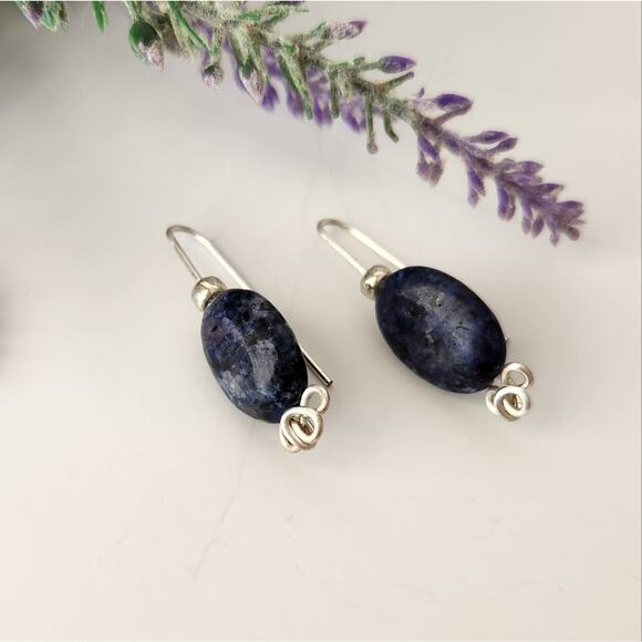 Blue Sodalite Stone Wire-Wrapped Dangle Earrings / Minimalist Gemstone Earrings - Picture 5 of 15